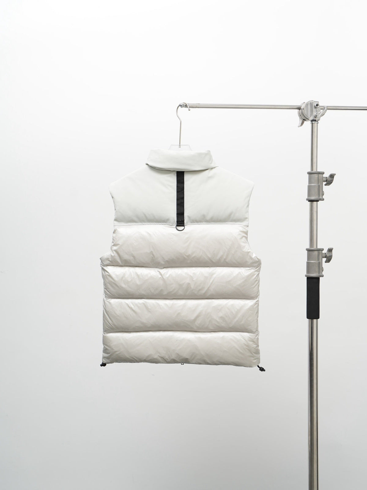 Moose Knuckles Puffer Vest in White with Stand Collar and Metallic Logo