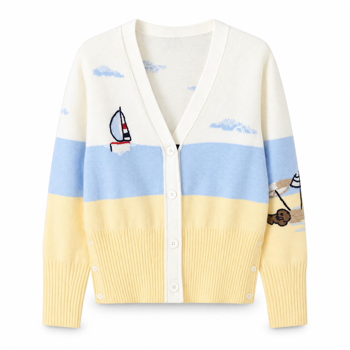 Thom Browne Style Contrast Sailboat Embroidered V-Neck Cardigan