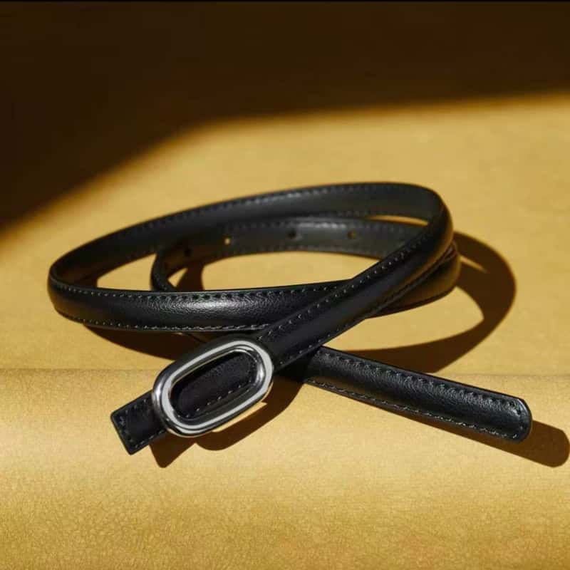 Women Slim Leather Belt Oval Silver Buckle 2nd Layer Cowhide Waistband
