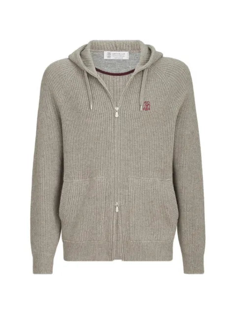 Brunello Cucinelli cashmere English Rib hoodie with logo and zipper