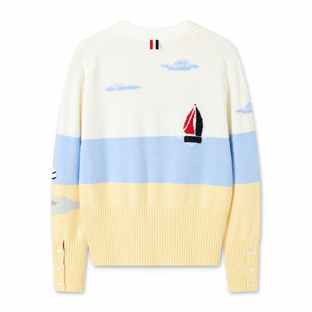 Thom Browne Style Contrast Sailboat Embroidered V-Neck Cardigan