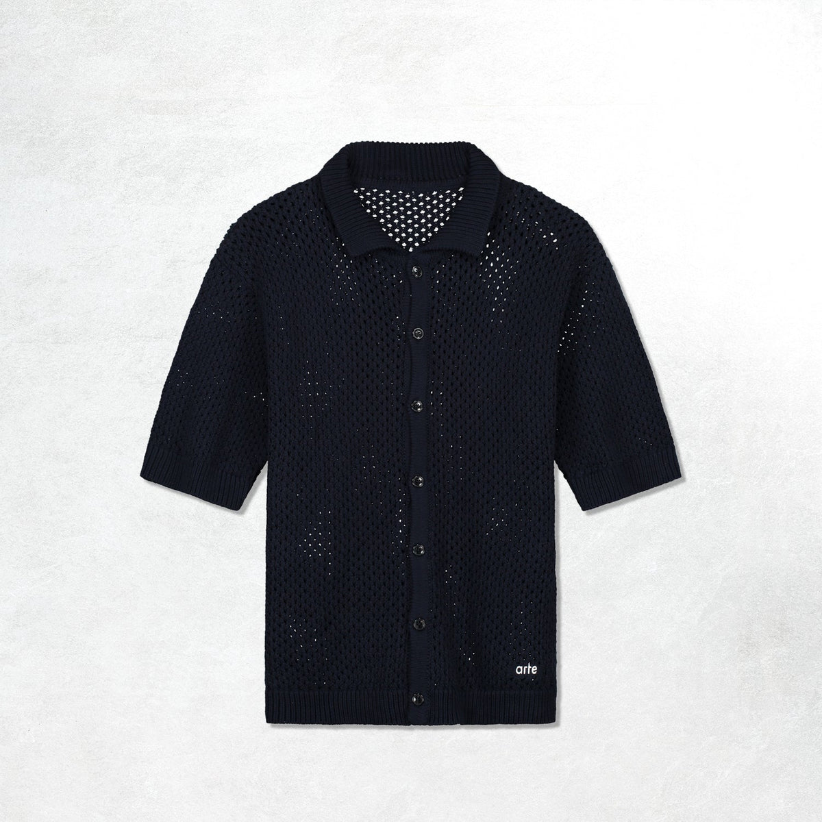 Arte Crochet Knit Button Shirt: Navy