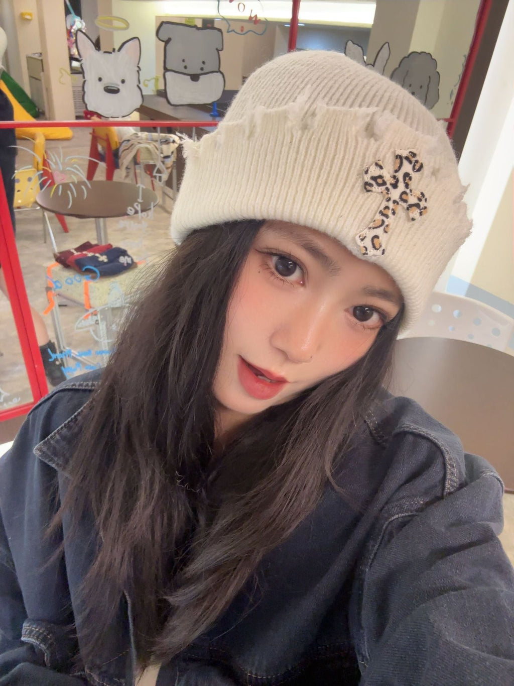 Leopard Cross Distressed Knit Beanie Cuffed Winter Hat Multi‑Style