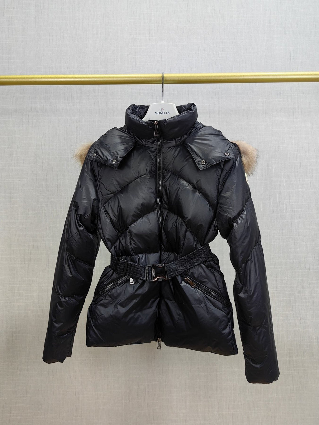 Moncler Women's Fur-Trim Hood Belted Short Down Coat