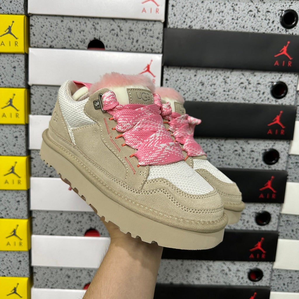 UGG Lowmel Lace-Up Sneaker – Suede & Mesh Low-Top Trainer with Pink UGGplush Lining, Embroidered Charm & Braided Pink Laces in Jasmine