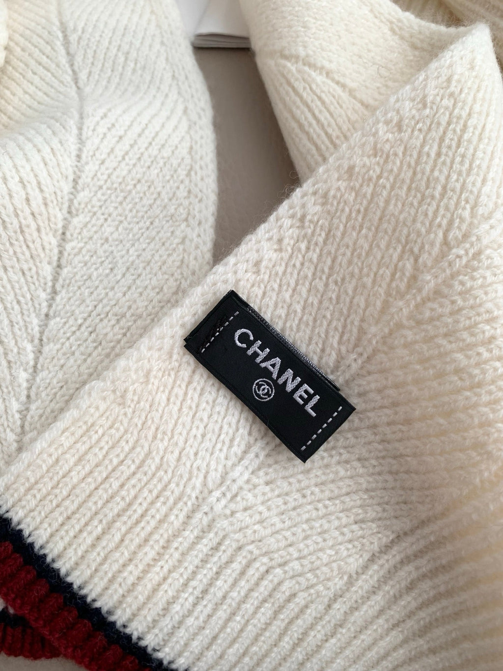 Chanel Style Ivory Rib-Knit Scarf and Beanie Set