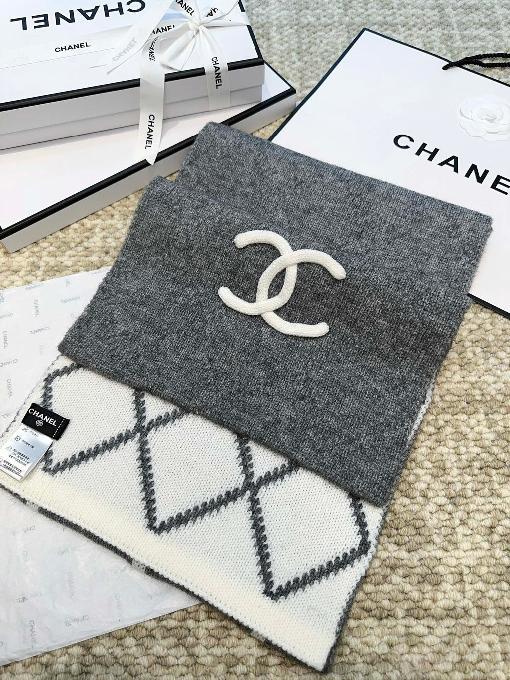 Chanel Style Reversible Diamond Logo Scarf