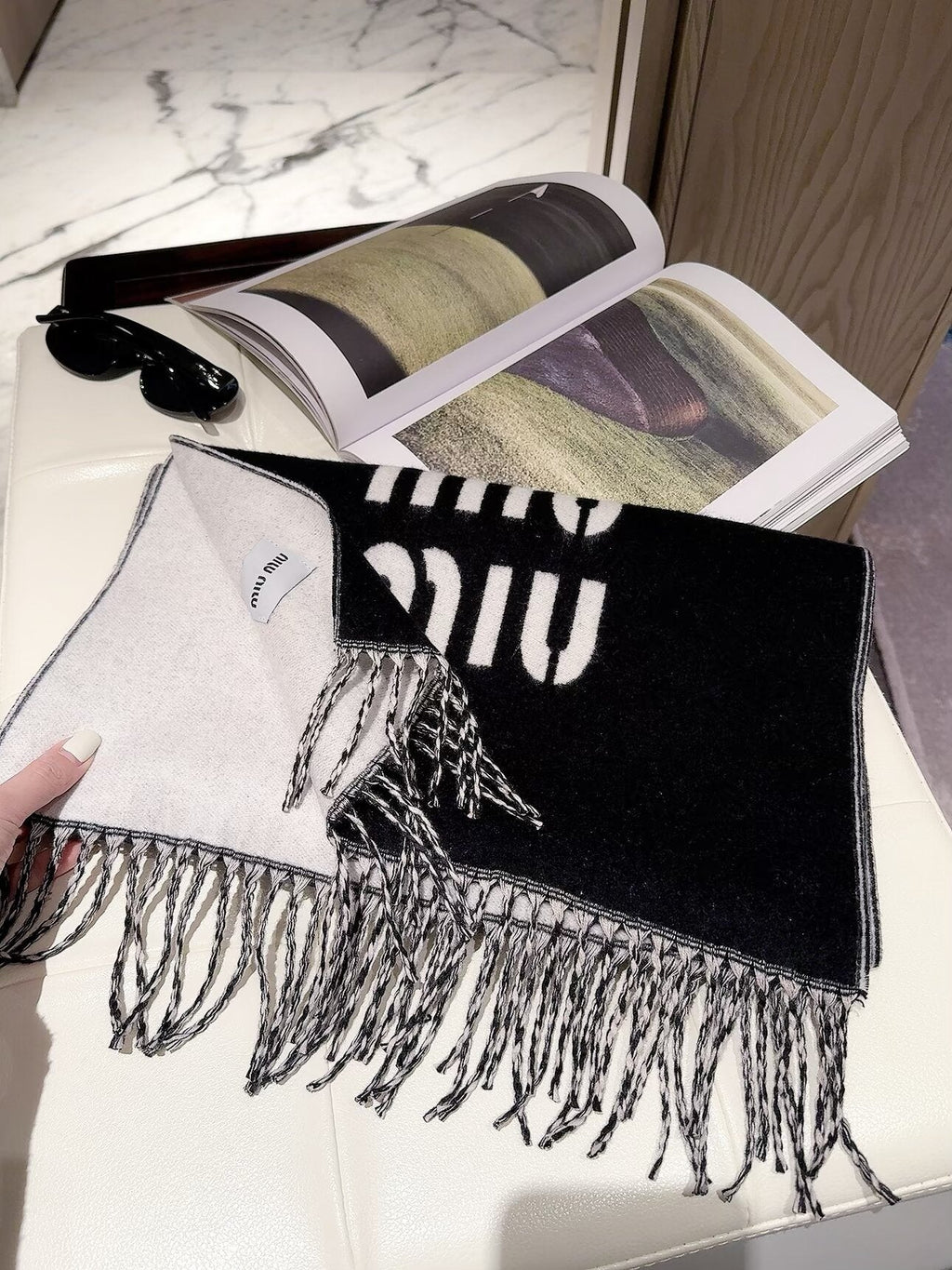 Miu Miu Style Oversized Logo Fringe Scarf