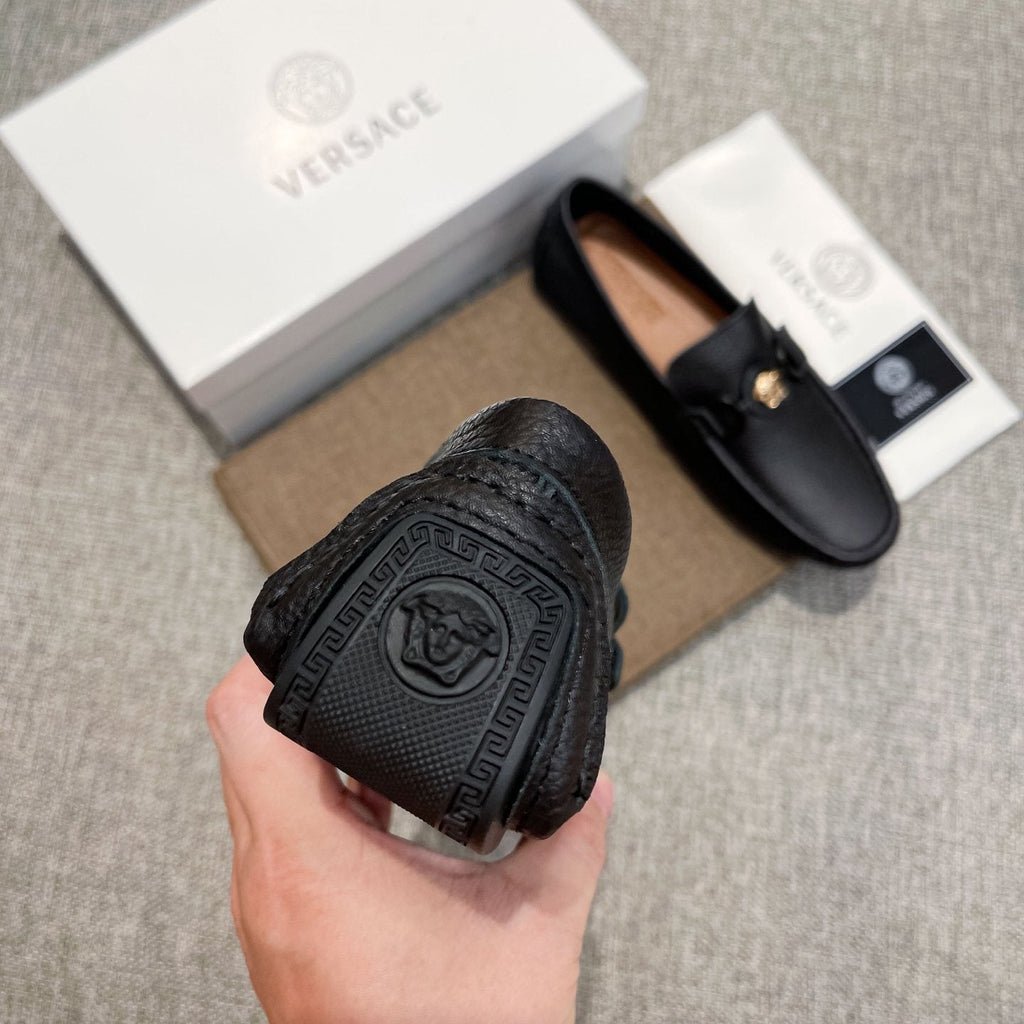 Versace Black Gold-Emblem Slip-On Loafers
