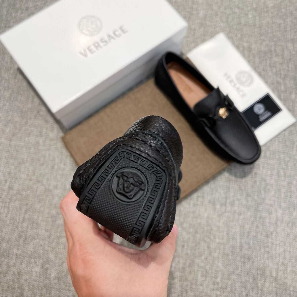 Versace Black Gold-Emblem Slip-On Loafers