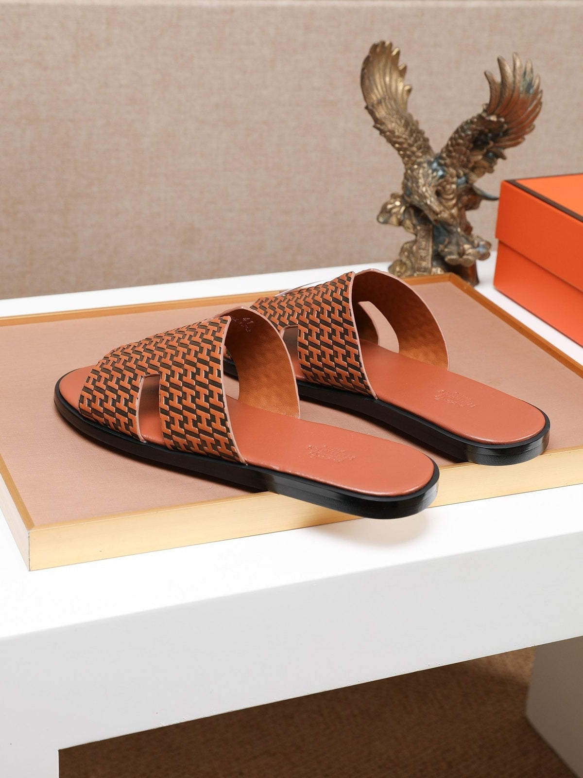 Hermes Brown Patterned H Slide Sandals