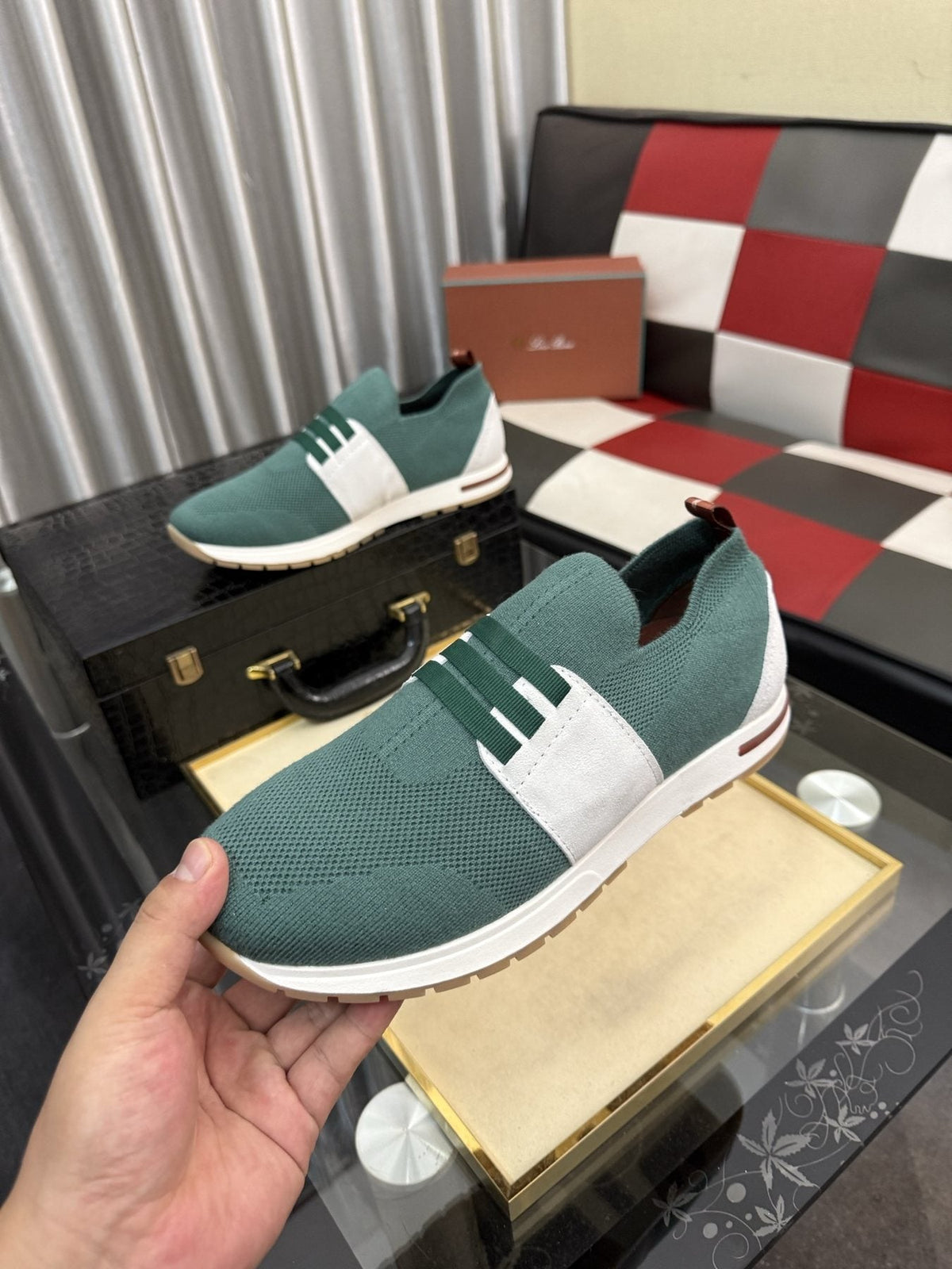 Men's Teal Green Slip-On Sneakers with White Band