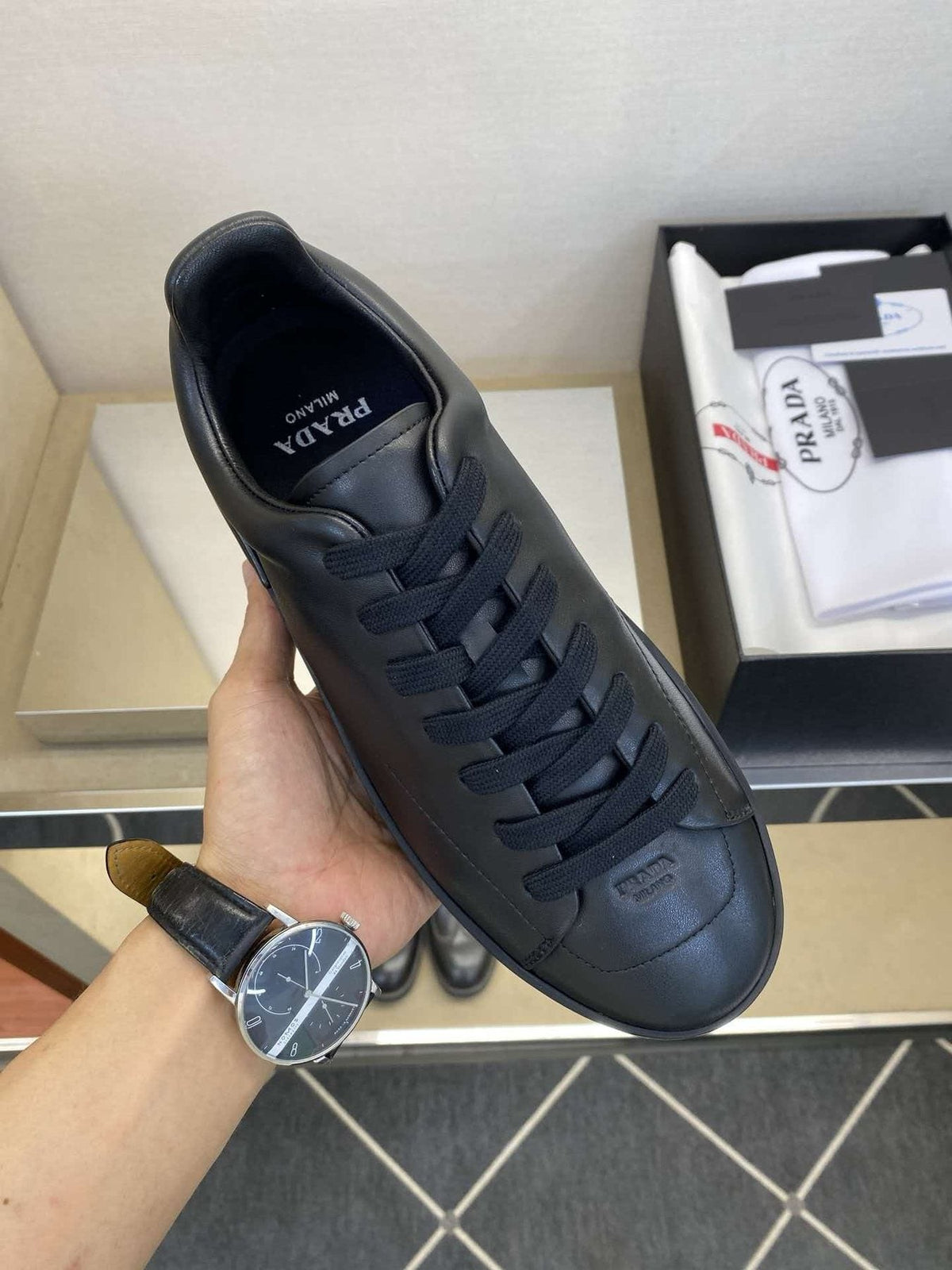 Prada Men's Black Lace-Up Low-Top Sneakers