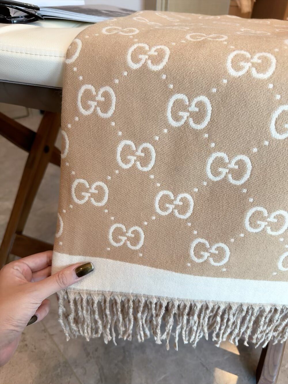 Gucci Black & Beige Fringed Shawl