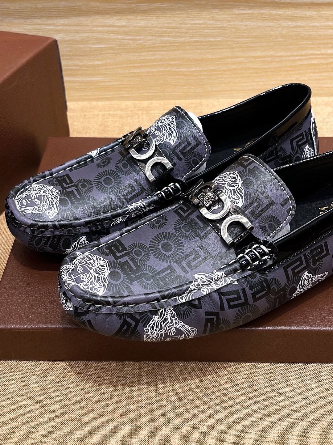 Versace Black and Gray Patterned Loafers