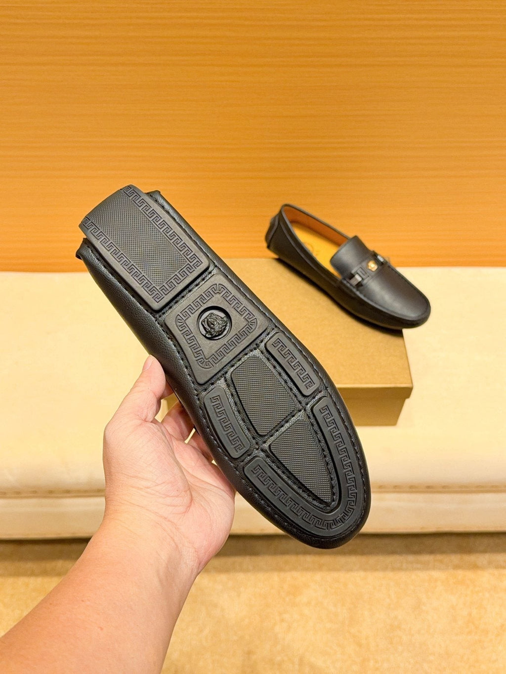 Versace Men's Black Textured Metal-Strap Loafers