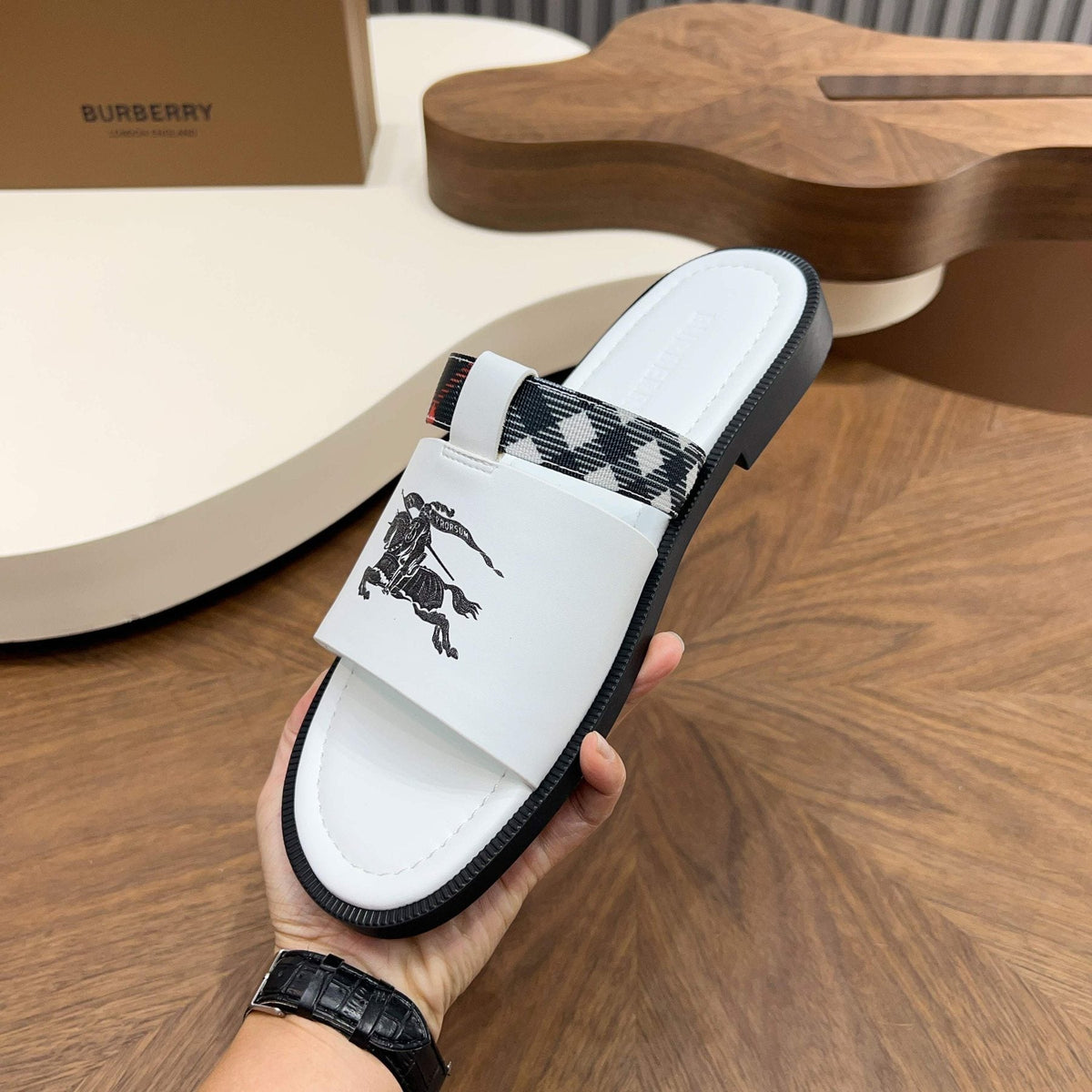 Burberry Checked Accent Slide Sandals