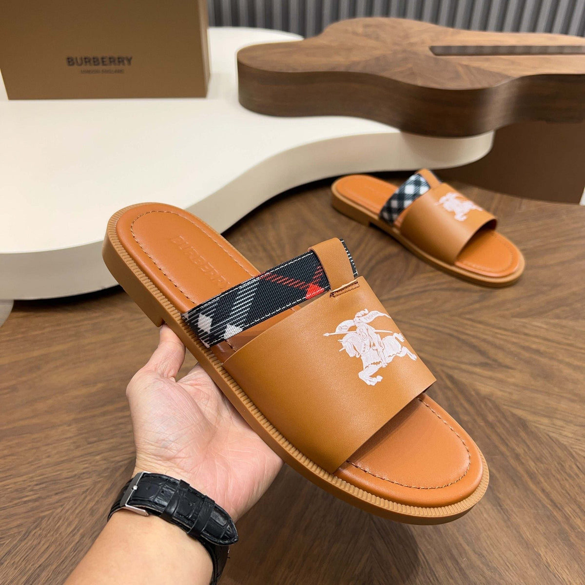 Burberry Checked Accent Slide Sandals